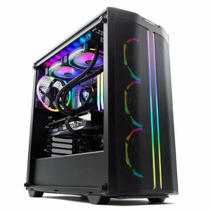 The PcCom Imperial Desktop PC features a black case with a tempered glass side panel, RGB-lit front and internal fans, and organized hardware including an Nvidia Geforce RTX 4070 and 32 GB RAM, plus a 2 TB SSD.