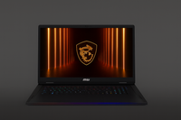 A black MSI laptop with a backlit keyboard displays a screen featuring an orange dragon shield logo and glowing vertical orange lights in a dark corridor background.
