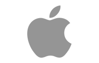 A grey Apple logo featuring a stylized apple with a bite taken out of the right side and a leaf on top, centered on a light background.
