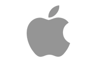 A grey Apple logo featuring a stylized apple with a bite taken out of the right side and a leaf on top, centered on a light background.