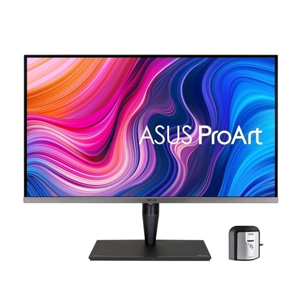 The tecwheels Asus ProArt PA32UCG-K 32-inch 4K Ultra HD LED monitor for professionals shows vibrant pink, blue, and purple swirls with ASUS ProArt text; a color calibration device is next to the stand.