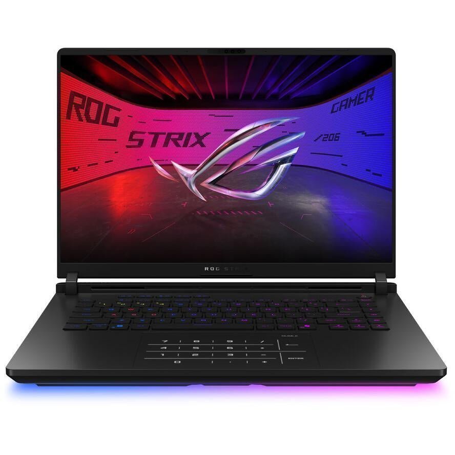 The tecwheels Asus Rog Strix Scar 16 G635Lx gaming laptop features a colorful backlit keyboard and displays its logo on a futuristic red and blue screen with the words ROG, STRIX, and GAMER.
