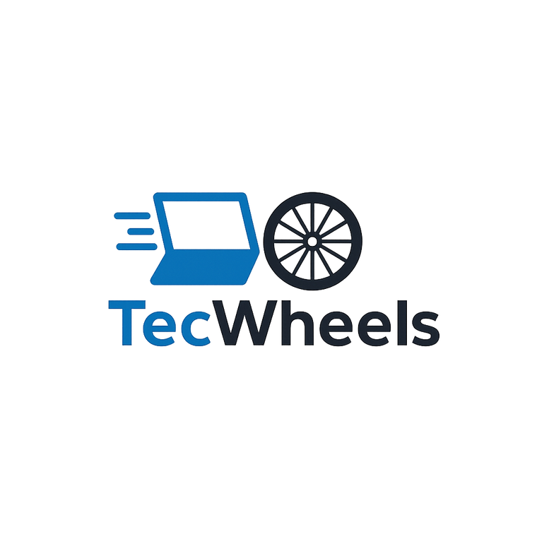 A logo with a blue laptop and a black wheel, with speed lines behind the laptop. Below them, the text TecWheels appears, with Tec in blue and Wheels in black, all on a light background.