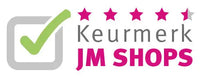 A logo with a green check mark inside a grey square, four pink stars and one half-star above the words Keurmerk JM SHOPS in grey and pink text.
