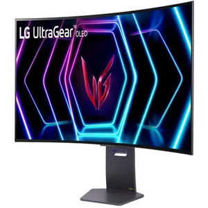 The LG Electronics 39" UltraGear 39GS95QE-B OLED gaming monitor shows a vivid blue and purple hexagonal pattern with the UltraGear logo at the center, and features a solid rectangular stand.
