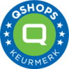 A circular blue and green logo with a white Q in the center. The words QSHOPS KEURMERK surround the Q, with white stars decorating the blue outer ring.