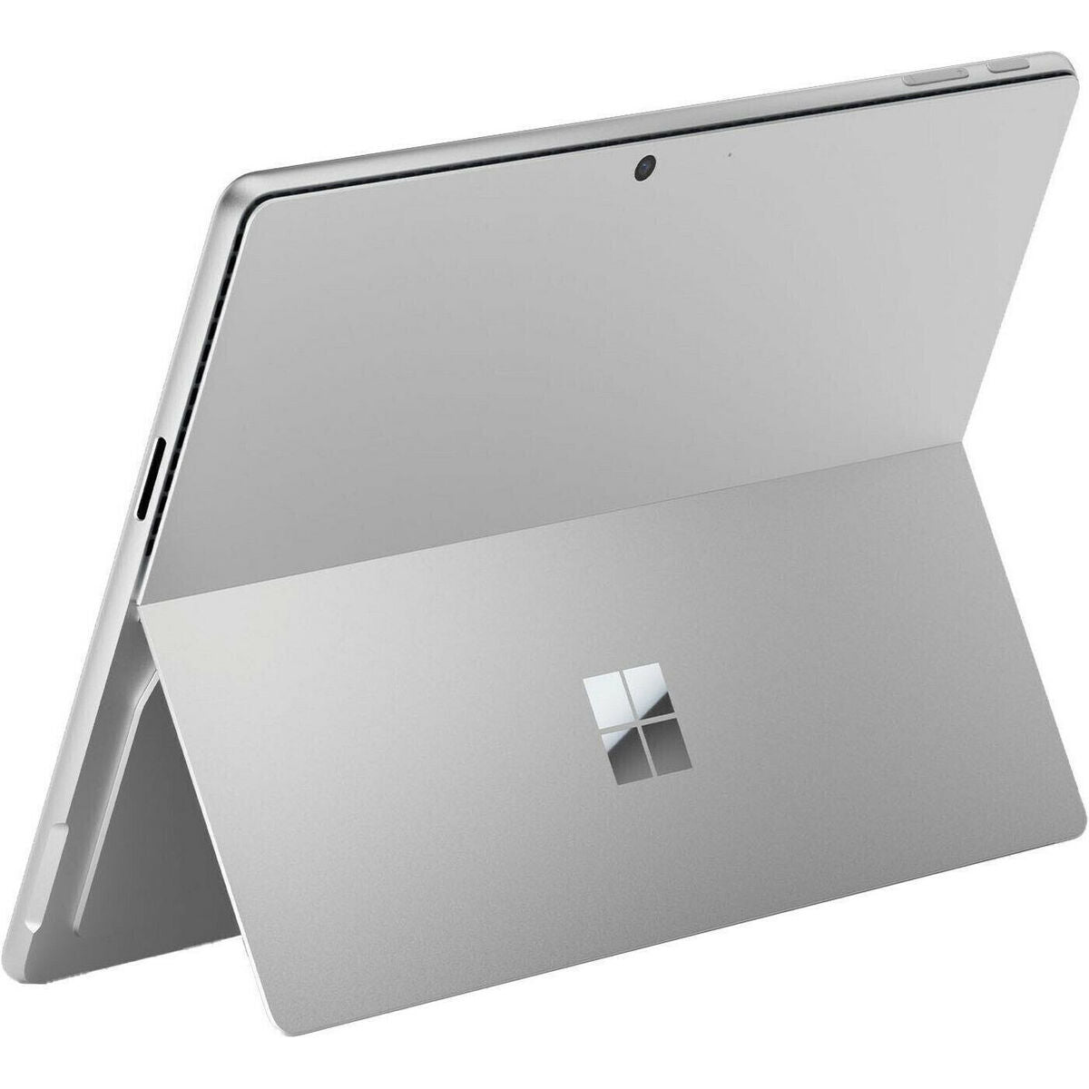 A Platinum tecwheels Microsoft Surface Pro 11 Copilot Plus 13 Inch Tablet (16GB RAM, 512GB, Windows 11 Pro) is shown from the back, propped up by its built-in kickstand. The logo is centered and a rear camera sits near the top edge.