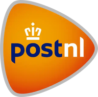 PostNL logo with a rounded orange triangle shape, featuring a white crown above the blue post and white nl text, outlined with a gray border.