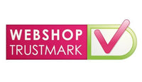 Roze en groene webshop keurmerk logo met het woord 'webshop' boven 'keurmerk' in witte tekst op een magenta rechthoek, naast een gestileerd vinkje.