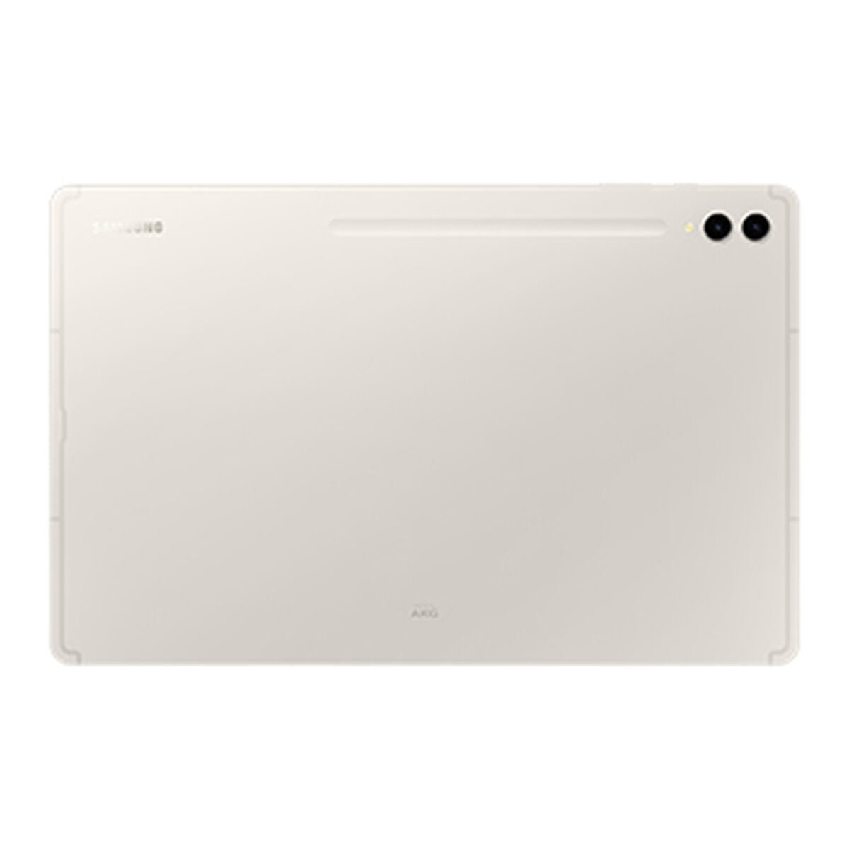 A beige tecwheels Samsung SM-X916BZEEEUB Tablet with 12GB RAM and 512GB storage is shown from the back, highlighting its dual rear cameras in the top right corner and sleek aluminum design for multitasking and media.